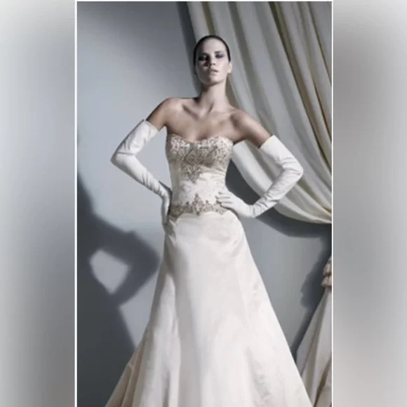 Platinum Priscilla of Boston Elegant Ivory Crystal Embellished Wedding Dress - Picture 1 of 15